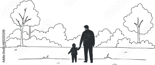 A silhouette of a father and child walking hand in hand in a minimalist vector style, ideal for family-themed designs