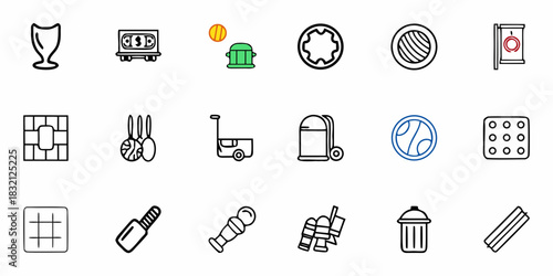 Collection of various icons representing sports equipment household items and abstract shapes