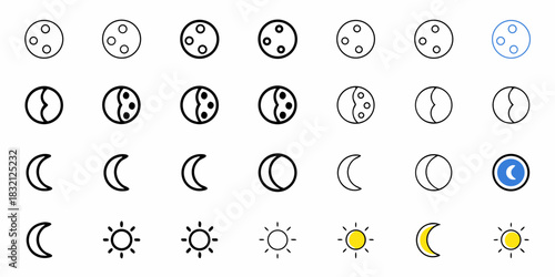 Collection of moon phases and sun icons in various styles