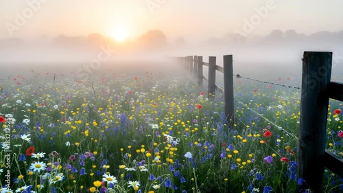 Misty Meadow Sunrise Wildflower Fence Rural Serenity Golden Hour Dawn Light wildflowers 4K Ai HD high quality video.
