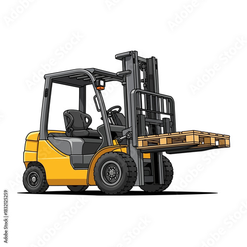 Yellow Forklift Truck Lifting a Wooden Pallet.
