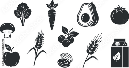 A collection of various fruits and vegetables including carrots, apples, and avocados in black and white minimalist vector style, ideal for health-related designs