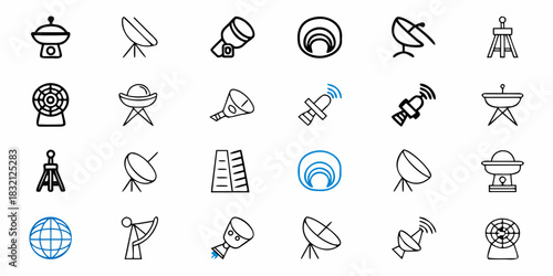 Collection of hand drawn satellite dishes telescopes and communication icons