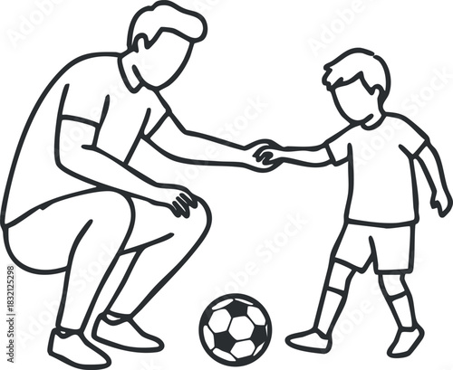 A father teaching his son to kick a soccer ball in minimalist line art vector style, perfect for family and sports themes