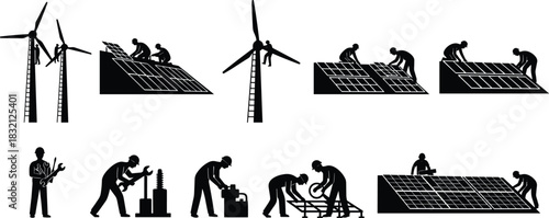 Set of black vector silhouettes showing workers installing solar panels, maintaining wind turbines, and repairing industrial equipment with tools.
