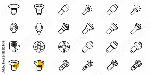 Collection of diverse flashlight and light source icons in a clean outline style