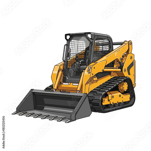 Yellow tracked skid steer loader with bucket.