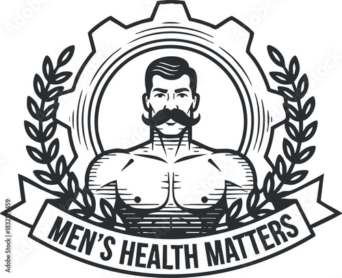 A vintage-inspired logo featuring a muscular man surrounded by gears and laurel leaves in black and white outline style, highlighting men's health awareness