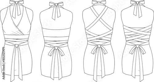 Vector technical fashion flat sketch of women convertible halter wrap top, showing front and back views with tying styles.