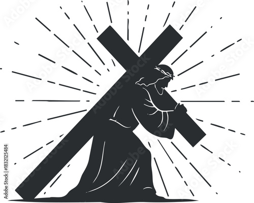 A silhouette illustration of Jesus carrying a cross with rays of light emanating in black and white vector style, suitable for religious themes and artwork