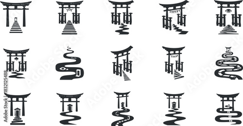 A collection of torii gates and serpentine paths in black and white minimalist vector style, suitable for cultural and spiritual designs
