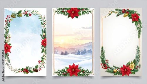 Elegant Christmas Poinsettia and Holly Borders with Winter Landscape Scene.