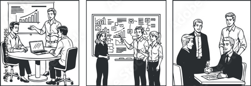 A set of business meeting scenes featuring professionals collaborating and presenting data in black and white vector style, ideal for corporate training and presentations