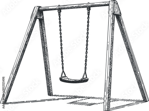 A vintage swing set with a single swing hanging from a wooden frame in an intricate sketch style, ideal for children's playground designs