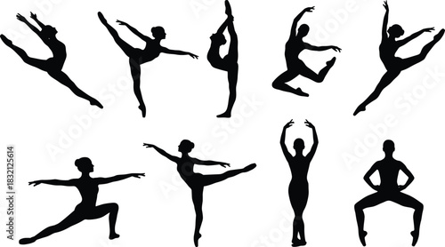 Set of black vector silhouettes showing female ballet dancer performing various artistic dance poses jumps and stretches on white background.