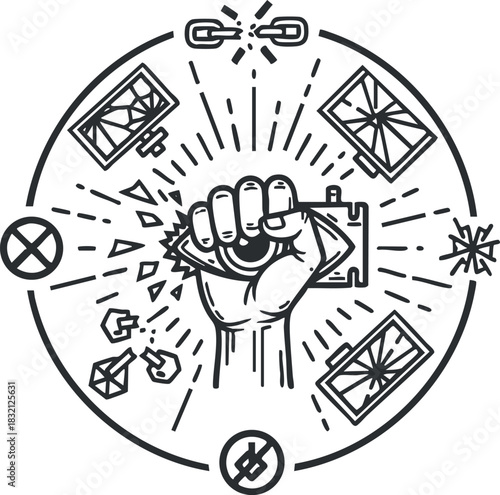 A dynamic illustration of a fist breaking chains in black and white outline vector style, ideal for empowerment themes and graphic design projects