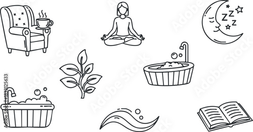 A collection of relaxation-themed icons including a comfy chair, a meditating figure, a plant, and a bath in minimalist outline vector style, perfect for wellness and self-care projects
