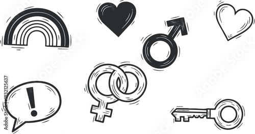 A collection of romantic and gender symbols including a rainbow, hearts, gender icons, and a key in black and white sketch vector style, perfect for love-themed projects and designs