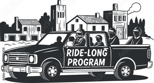 A pickup truck featuring a Ride-Long Program graphic in black and white vector style, ideal for community service promotional materials
