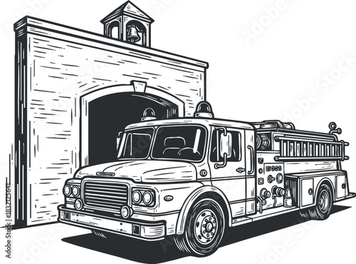 A vintage fire truck parked in front of a fire station in black and white sketch style, suitable for emergency services design