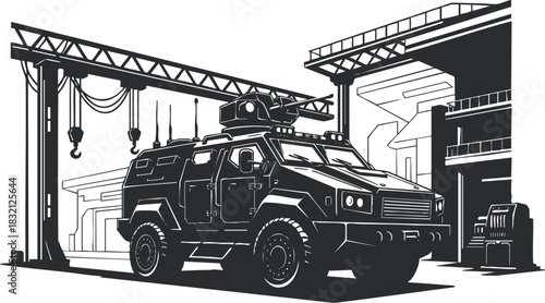 An armored military vehicle parked at an industrial site in black and white outline vector style, ideal for security and defense illustrations