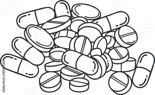 A collection of various pills and capsules in a simple outline vector style, suitable for healthcare and pharmaceutical designs
