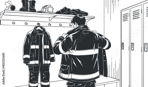 A firefighter preparing in a locker room with uniform and gear in black and white outline vector style, ideal for safety awareness illustrations