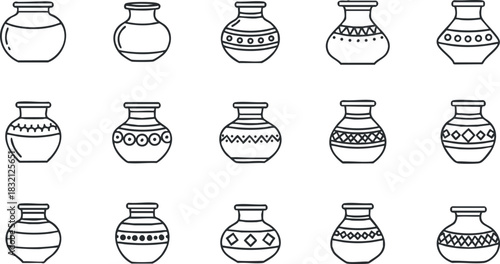 A collection of decorative vases with various patterns and shapes in black and white outline vector style, suitable for home decor and art projects