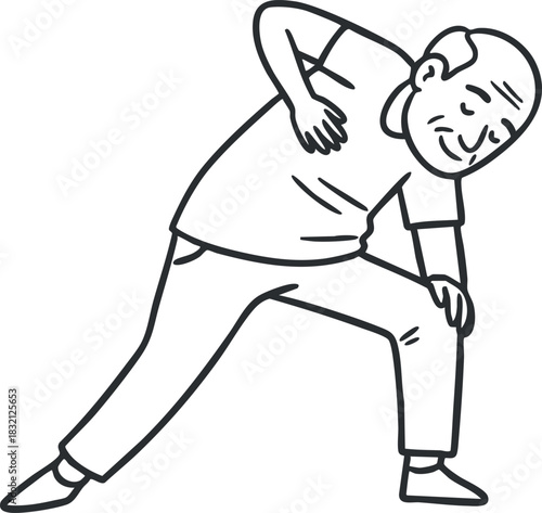 An elderly man performing a stretching exercise in minimalist black and white vector style, ideal for health and wellness themes