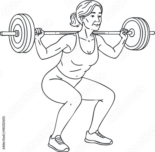 A woman performing a squat with a barbell in a clean outline vector style, ideal for fitness and health projects