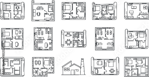 A collection of architectural floor plans and layouts in black and white minimalist vector style, suitable for real estate and architectural design projects