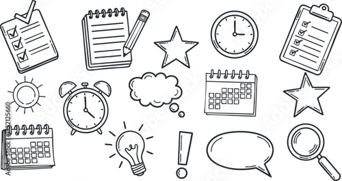 A collection of task and planning icons including clocks, calendars, stars, and speech bubbles in hand-drawn outline vector style, ideal for organizational tools and creative projects