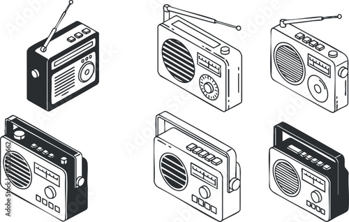 A collection of vintage radio illustrations in black and white outline style, ideal for music and technology designs