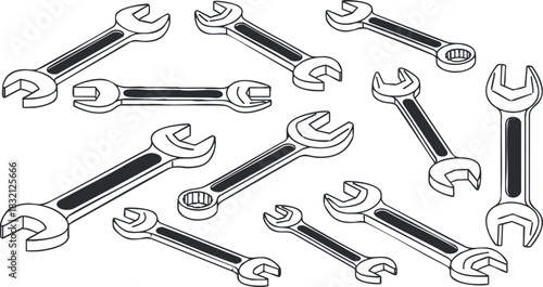 A collection of various wrenches in black and white outline vector style, suitable for mechanic and repair-themed designs