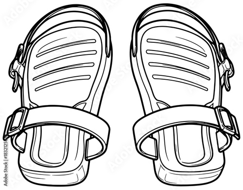  Pair of slide sandals hand drawn vector illustration. Black and white summer footwear sketch isolated on white background