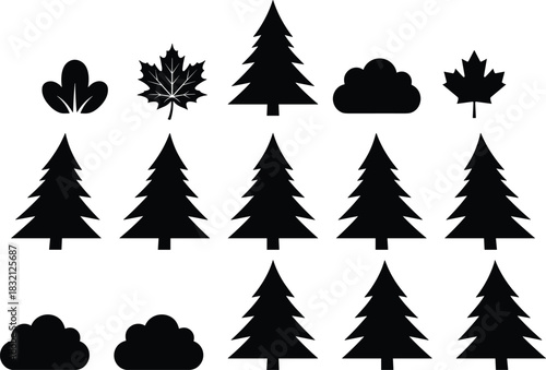 Vector collection of black evergreen pine tree silhouettes, maple leaves, and bush icons isolated on white background for nature design.