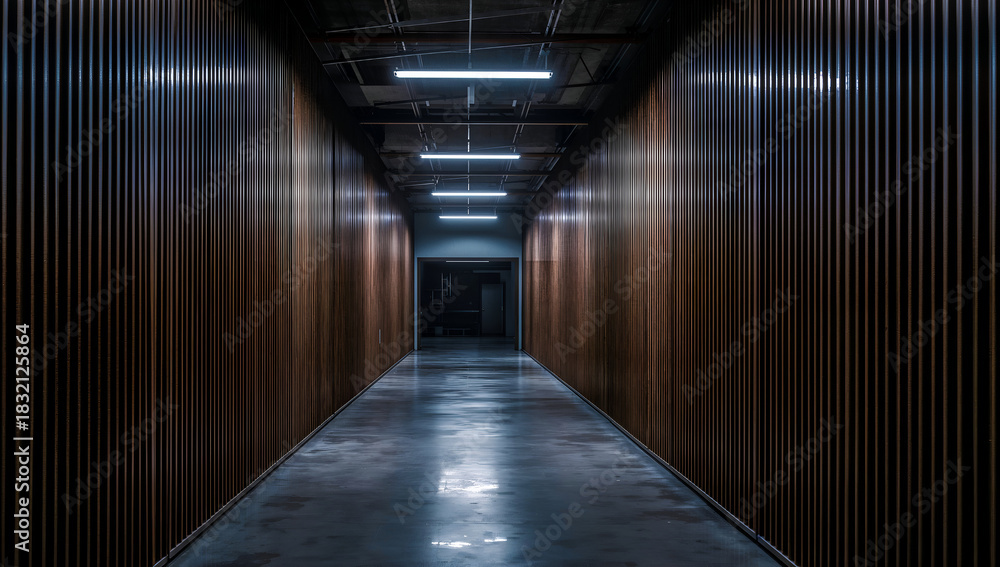 Fototapeta premium Long hallway with wooden paneling and overhead lights, leading to a distant doorway