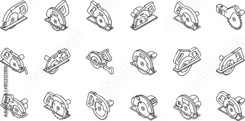 A collection of circular saw illustrations in outline vector style, suitable for construction and carpentry projects