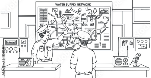 Two engineers discussing a water supply network map in black and white outline vector style, suitable for technical presentations and educational materials