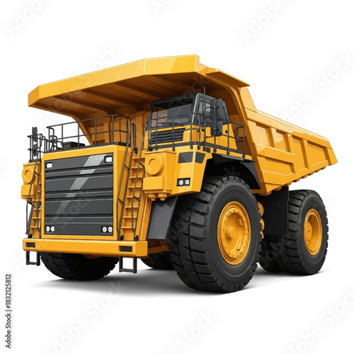 Massive yellow mining dump truck isolated on white background.