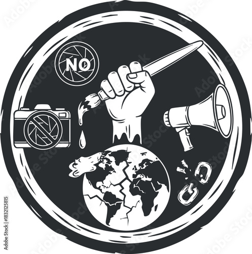 A protest illustration featuring a raised fist holding a paintbrush above the globe, in black and white vector style, ideal for activism and social justice campaigns