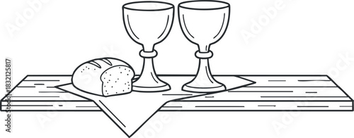 A minimalist outline illustration of two wine glasses and a loaf of bread on a wooden table, ideal for dining and culinary themes