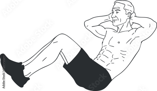 A man performing abdominal exercises in a minimalist outline vector style, suitable for fitness and health-related projects