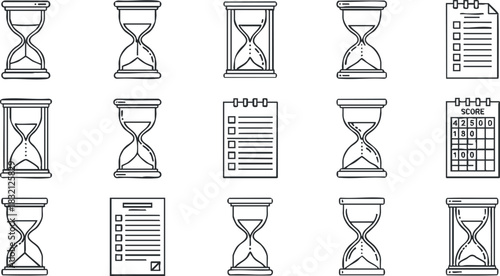 A collection of hourglass icons, checklists, and scoreboards in minimal black and white outline vector style, suitable for time management and organization projects