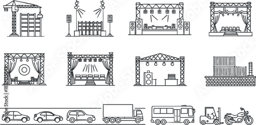 A collection of various event stages, vehicles, and performance setups in black and white outline vector style, perfect for event planning and design projects