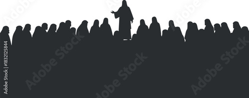 A silhouette of a crowd listening to a speaker in a minimalist vector style, ideal for presentations or community events