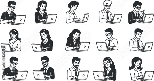 A collection of diverse business professionals working on laptops in black and white flat vector style, ideal for corporate presentations and digital communication