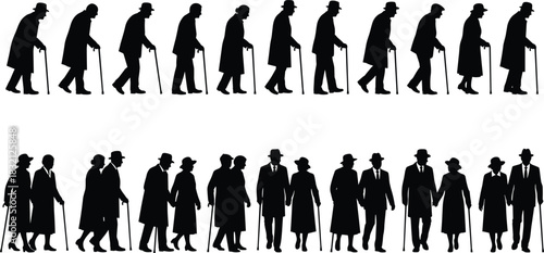 Set of black vector silhouettes showing elderly men walking with canes, and senior couples walking together holding hands.