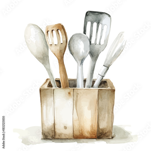 Elegant wooden kitchen utensil painting design collection, Hand-painted watercolor style, vectorized, vector set available in EPS, Simple design, EPS format set