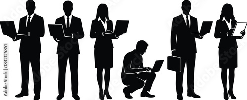 Set of black vector silhouettes showing business men and women in suits holding laptops and working with computers.